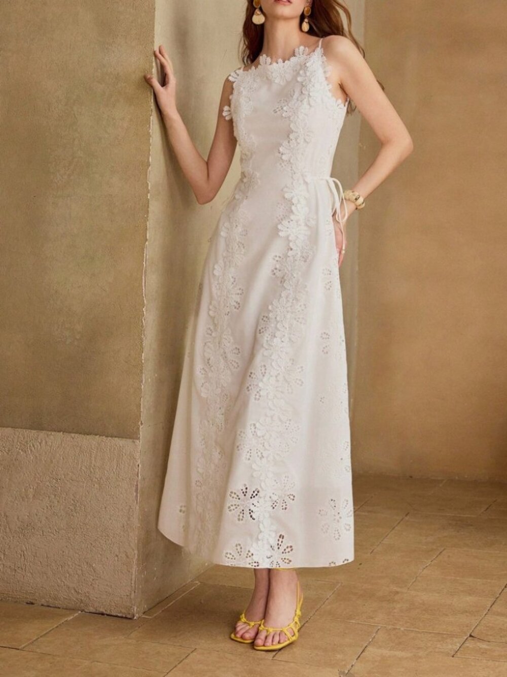 White Floral Eyelet Lace Maxi Dress with Tie Waist